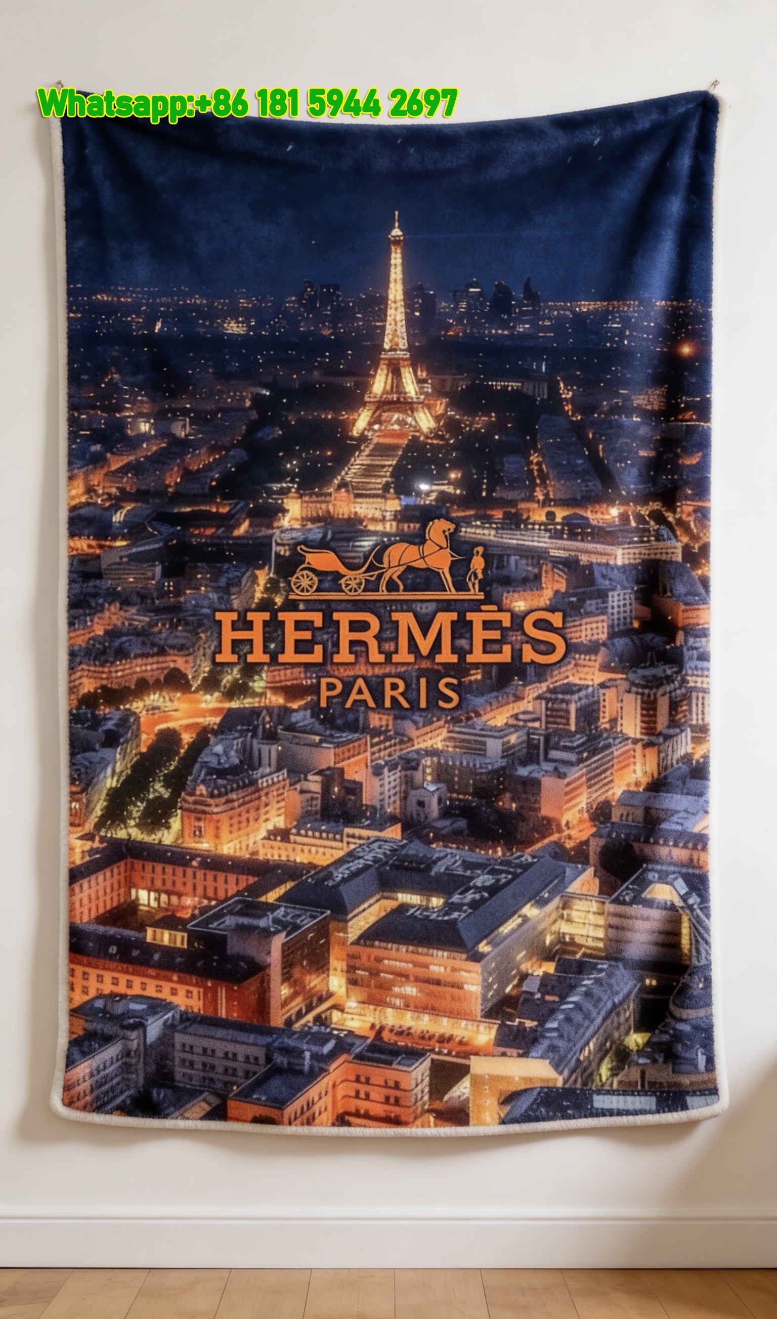 Hermes Paris Night View Eiffel Tower Flannel Throw Blanket IMG_5304